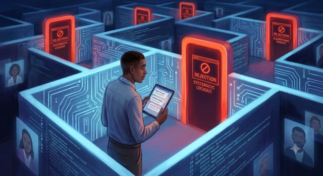 Illustration of a person holding a tablet in a maze of glowing server-rack cubicles, each marked with a red REJECTION door.