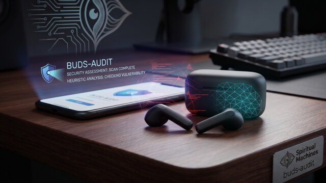 Photo illustration of wireless earbuds and their case on a desk, with a holographic BUDS-AUDIT security assessment overlay reading Security Assessment: Scan Complete and Heuristic Analysis: Checking Vulnerability, projected from a smartphone, beside a Spiritual Machines desk nameplate.