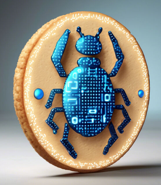 Illustration of a circuit-patterned digital beetle resting on a cookie, symbolizing a hijacked browser session cookie.