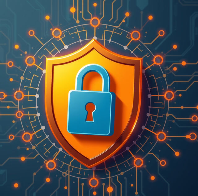 Illustration of an orange shield with a blue padlock surrounded by a glowing circuit network.