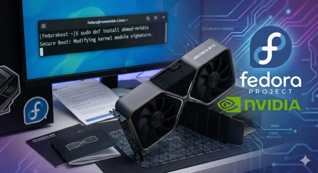 Photo illustration of an NVIDIA GeForce RTX graphics card beside a monitor showing a terminal running sudo dnf install akmod-nvidia and a secure boot signing message, with the Fedora and NVIDIA logos.