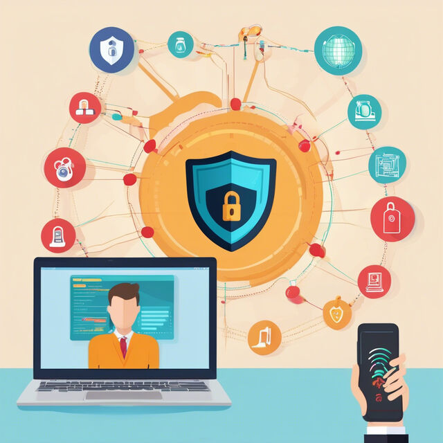 Illustration of a shield and padlock at the center of a network of connected smart-home and security icons, with a laptop video call and a hand holding a phone.
