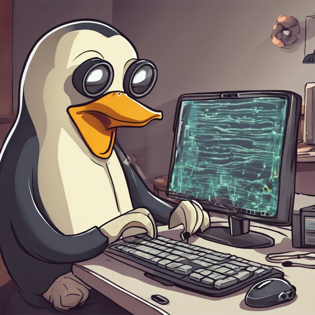 Illustration of a penguin character typing at a computer displaying scrolling green terminal text.