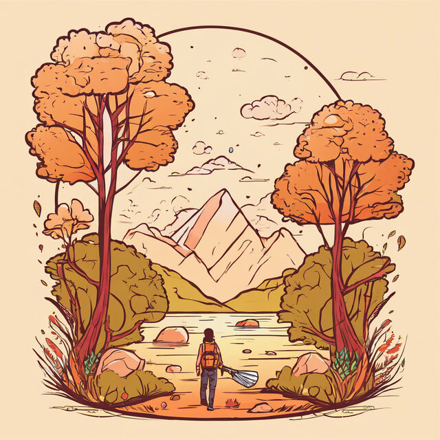 Illustration of a person walking with a pack and paddle toward a mountain lake framed by autumn trees.