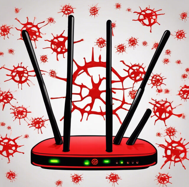 Illustration of a red wireless router surrounded by red virus icons.