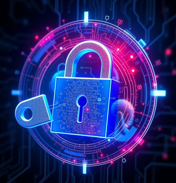 Illustration of a glowing digital padlock with a binary-code body set inside a circular circuit pattern.