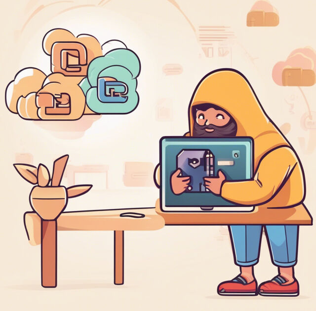 Illustration of a hooded developer holding a tablet showing a shield icon, with cloud-service logos above a workbench.