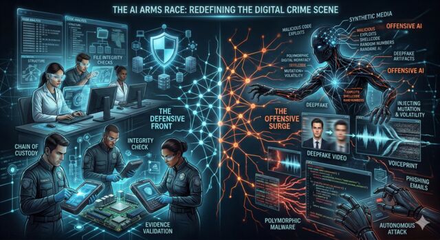 Infographic titled The AI Arms Race: Redefining the Digital Crime Scene, split into a defensive side showing forensic analysts examining evidence and an offensive side showing a red AI figure surrounded by deepfake, phishing, and polymorphic malware icons.