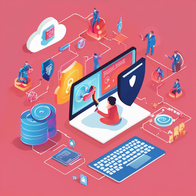 Isometric illustration of a person at a laptop between a shield and a padlock, connected to cloud storage, database, and security icons.