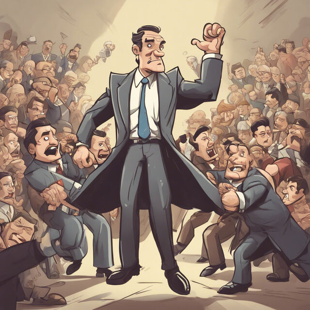 Illustration of a domineering figure in a suit pulling away from a crowd grabbing at his coat.