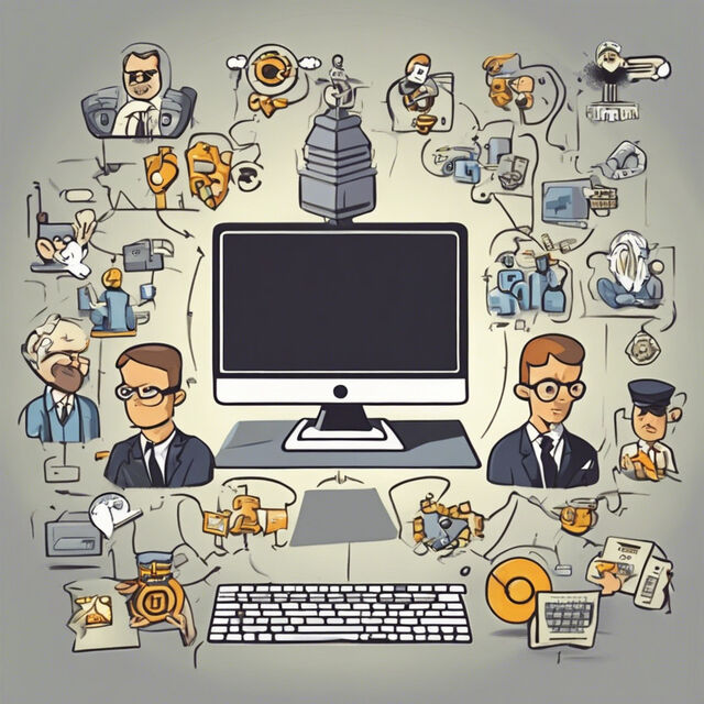 Illustration of a computer monitor surrounded by small vignettes of people and devices connected by wires.
