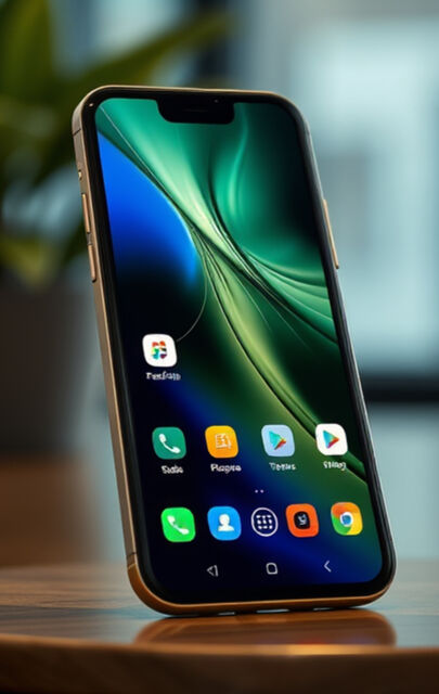 Photo of a smartphone on a wooden table displaying its home screen of personal and work apps.