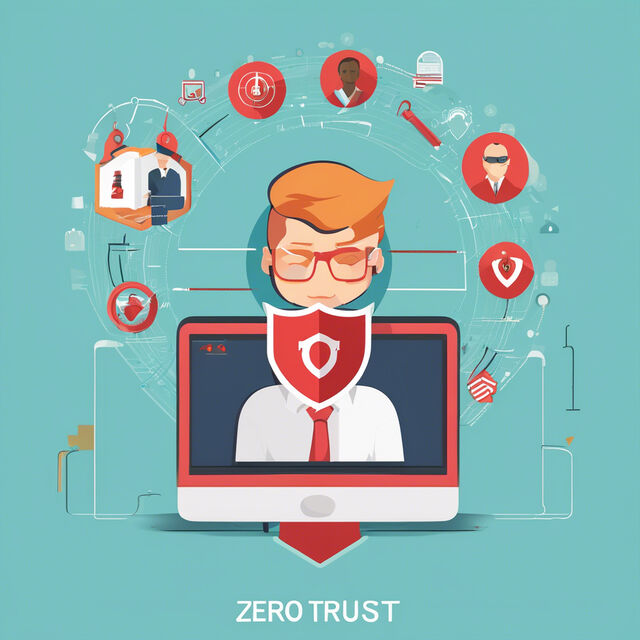 Illustration of a person behind a computer screen holding up a shield, surrounded by icons representing user, device, and access verification checks, captioned ZERO TRUST.